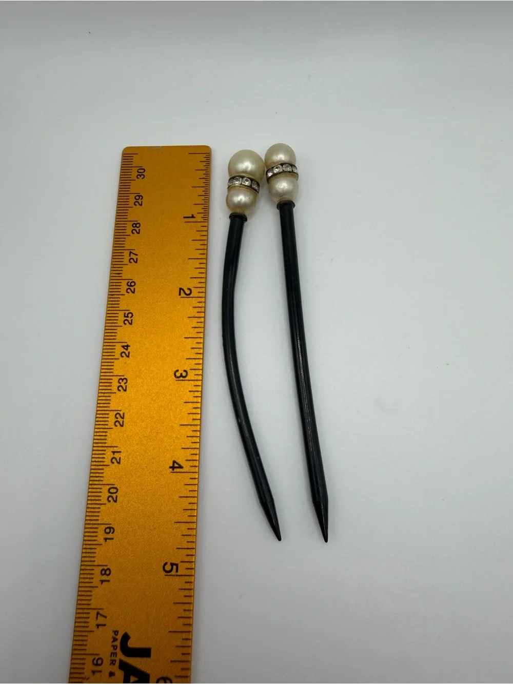 2 Vtg Art Deco Hair Stick French Black Celluloid Faux Pearl Rhinestone Bun Pin